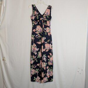 NINA LEONARD Black/Pink Floral V-Neck Fit & Flare Sleeveless Maxi Dress; Size M
